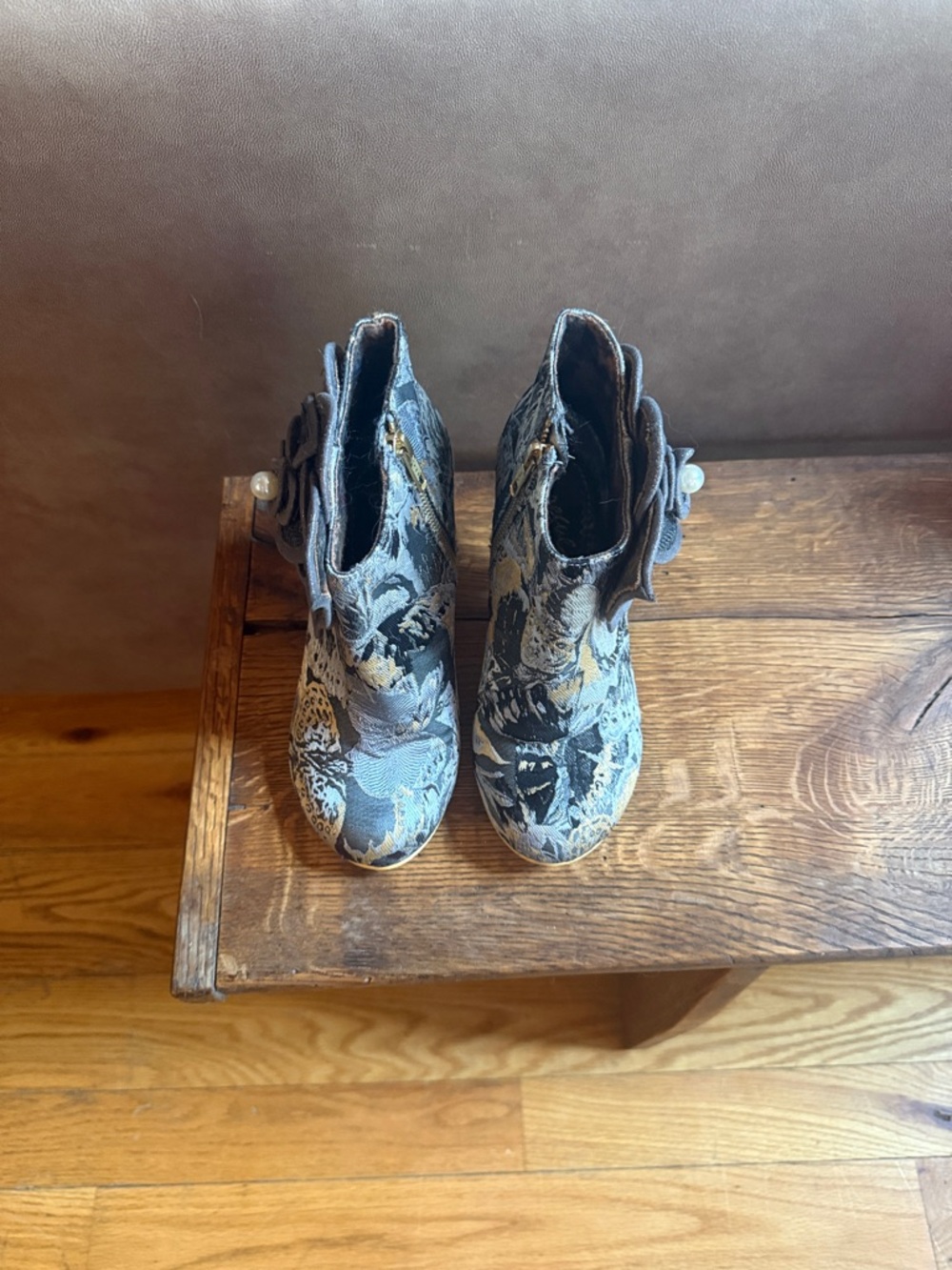 Irregular Choice Blue and Gold Floral Jacquard Ankle Boots with Rosette.